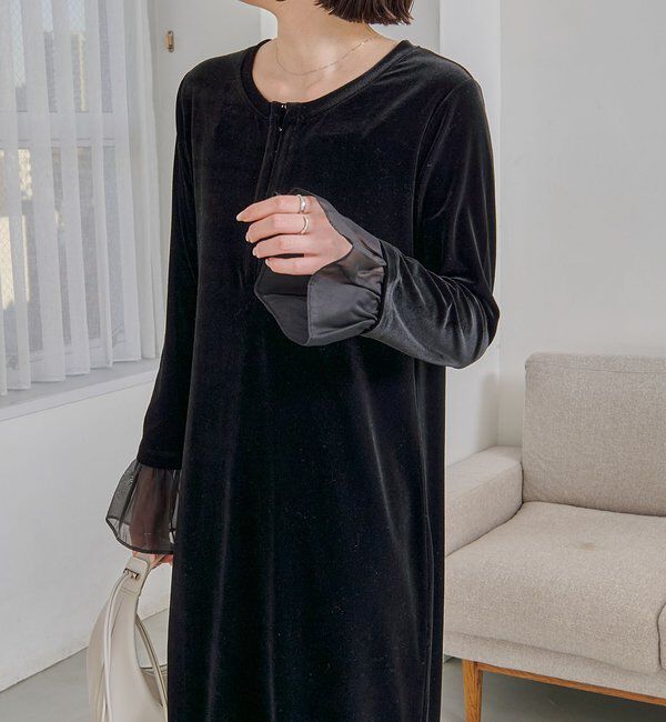  「【低身長サイズあり】フレアスリーブベロアワンピース」|ワンピース|
