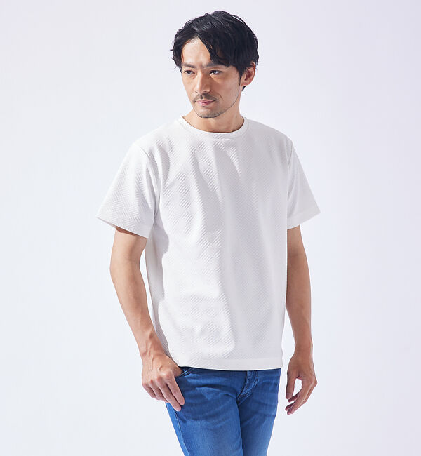 ABAHOUSE「ジオメトリック柄 クルーネック 半袖 Tシャツ」|Tシャツ・カットソー|ホワイト