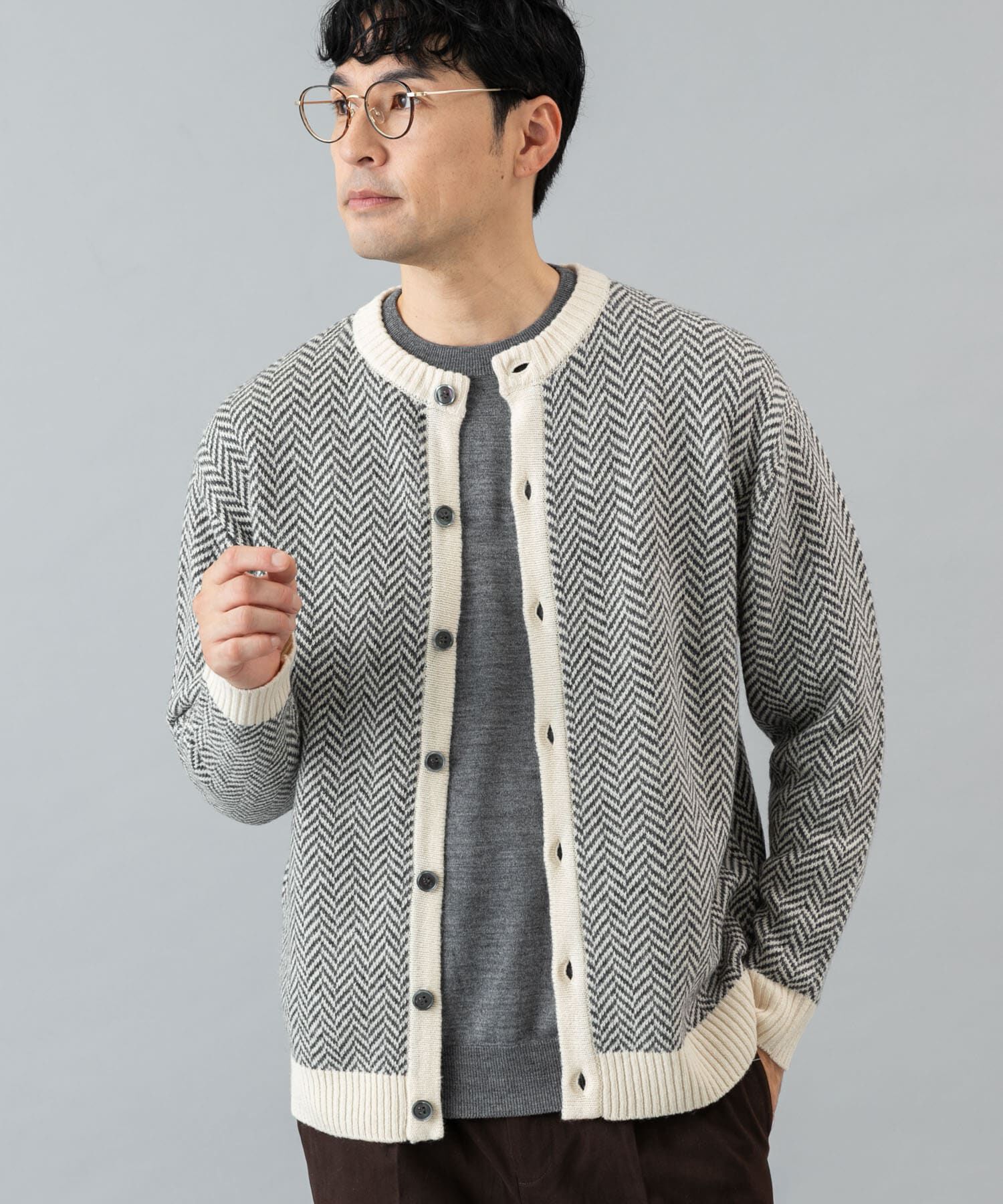 URBAN RESEARCH ROSSO「『XLサイズあり』ヘリンボーン柄クルーニットカーディガン」|カーディガン|