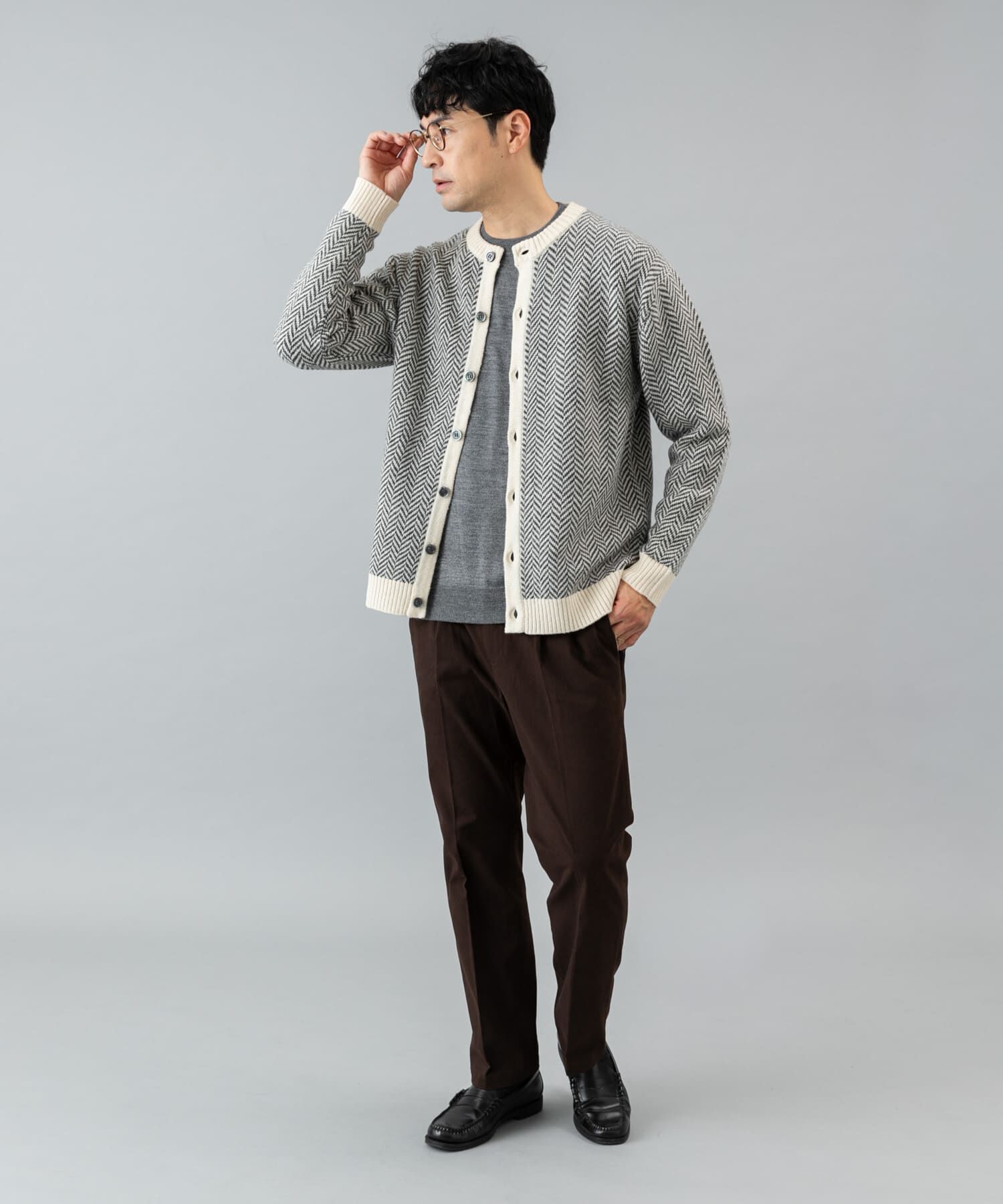 URBAN RESEARCH ROSSO「『XLサイズあり』ヘリンボーン柄クルーニットカーディガン」|カーディガン|