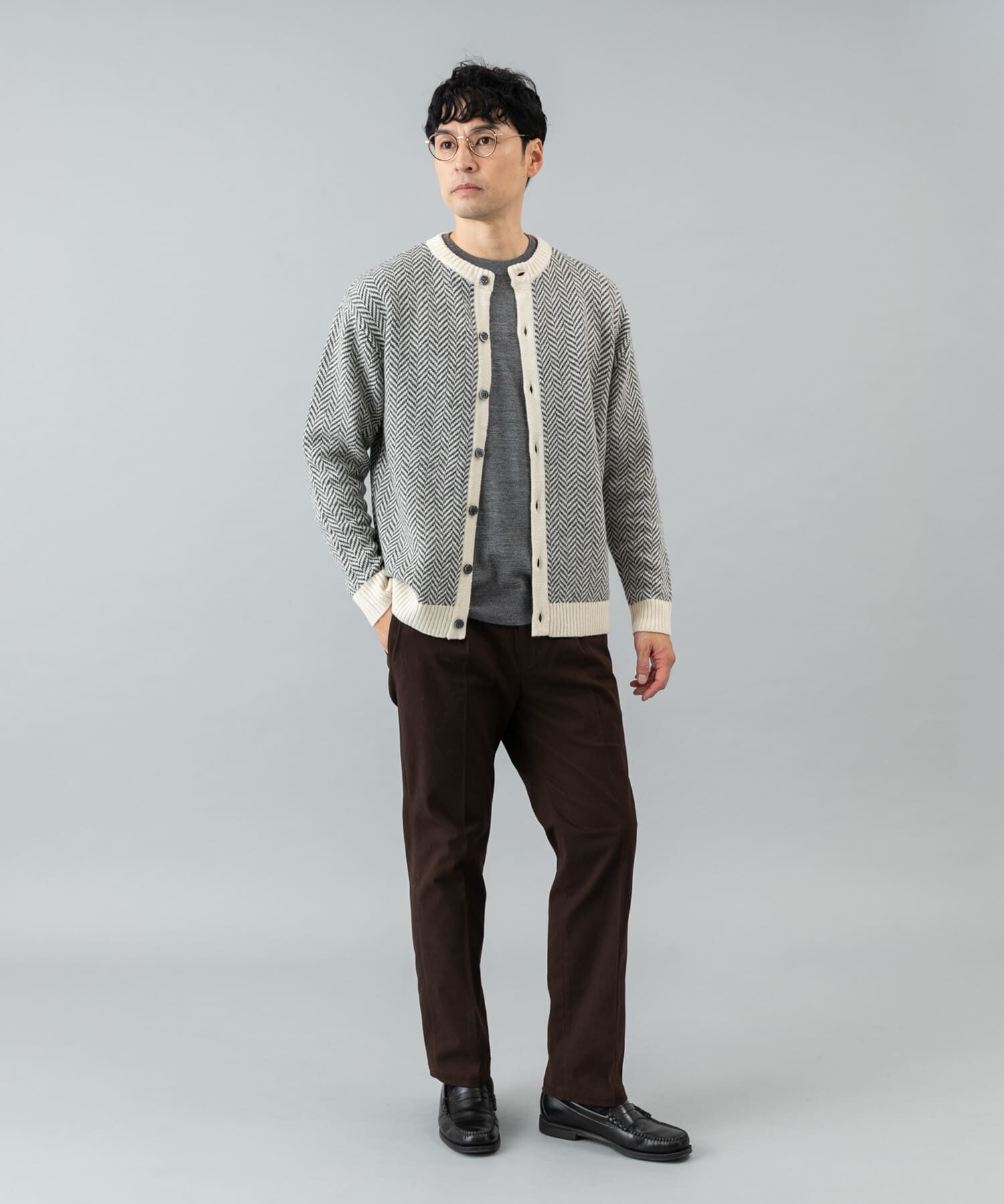 URBAN RESEARCH ROSSO「『XLサイズあり』ヘリンボーン柄クルーニットカーディガン」|カーディガン|