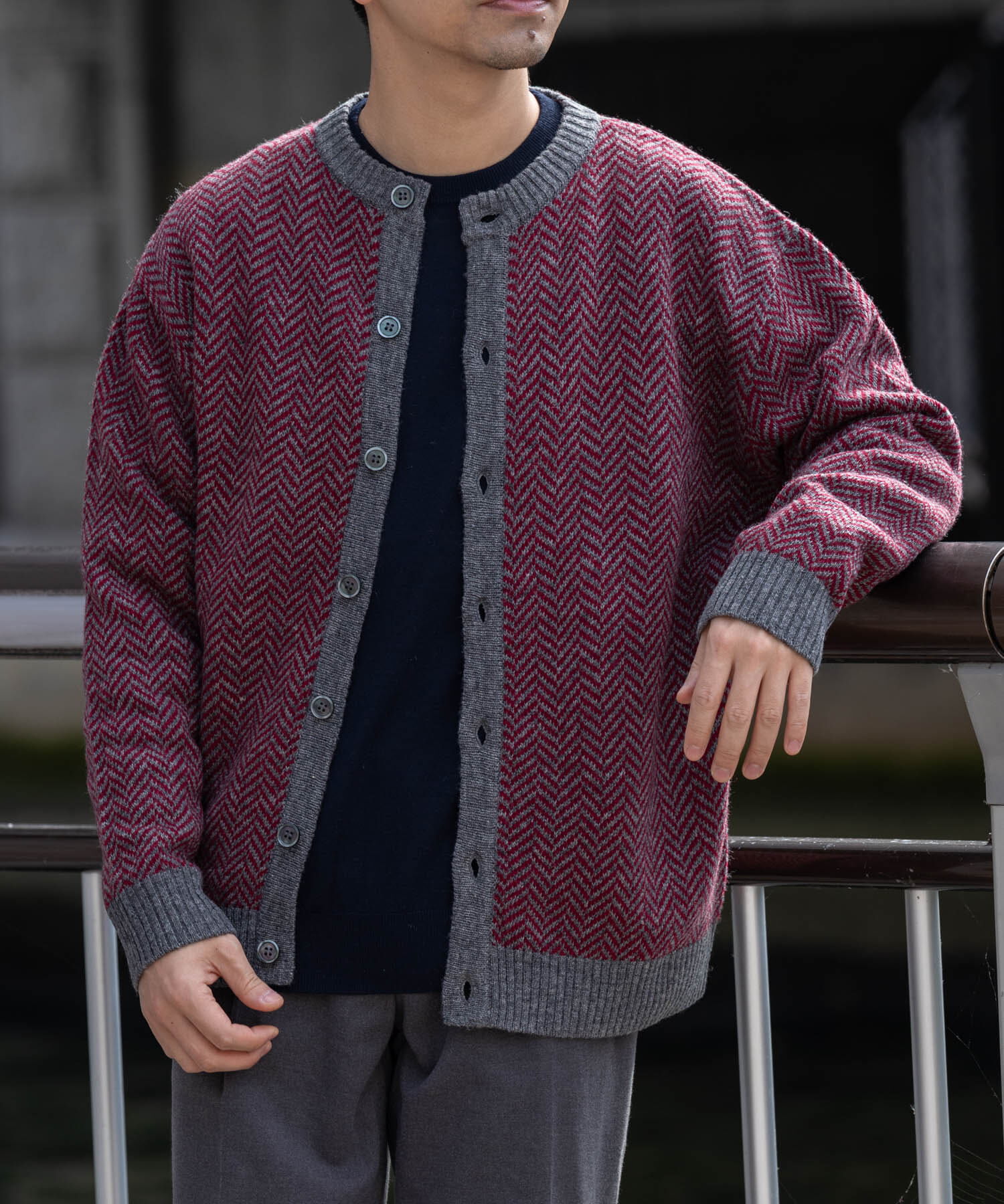 URBAN RESEARCH ROSSO「『XLサイズあり』ヘリンボーン柄クルーニットカーディガン」|カーディガン|グレー