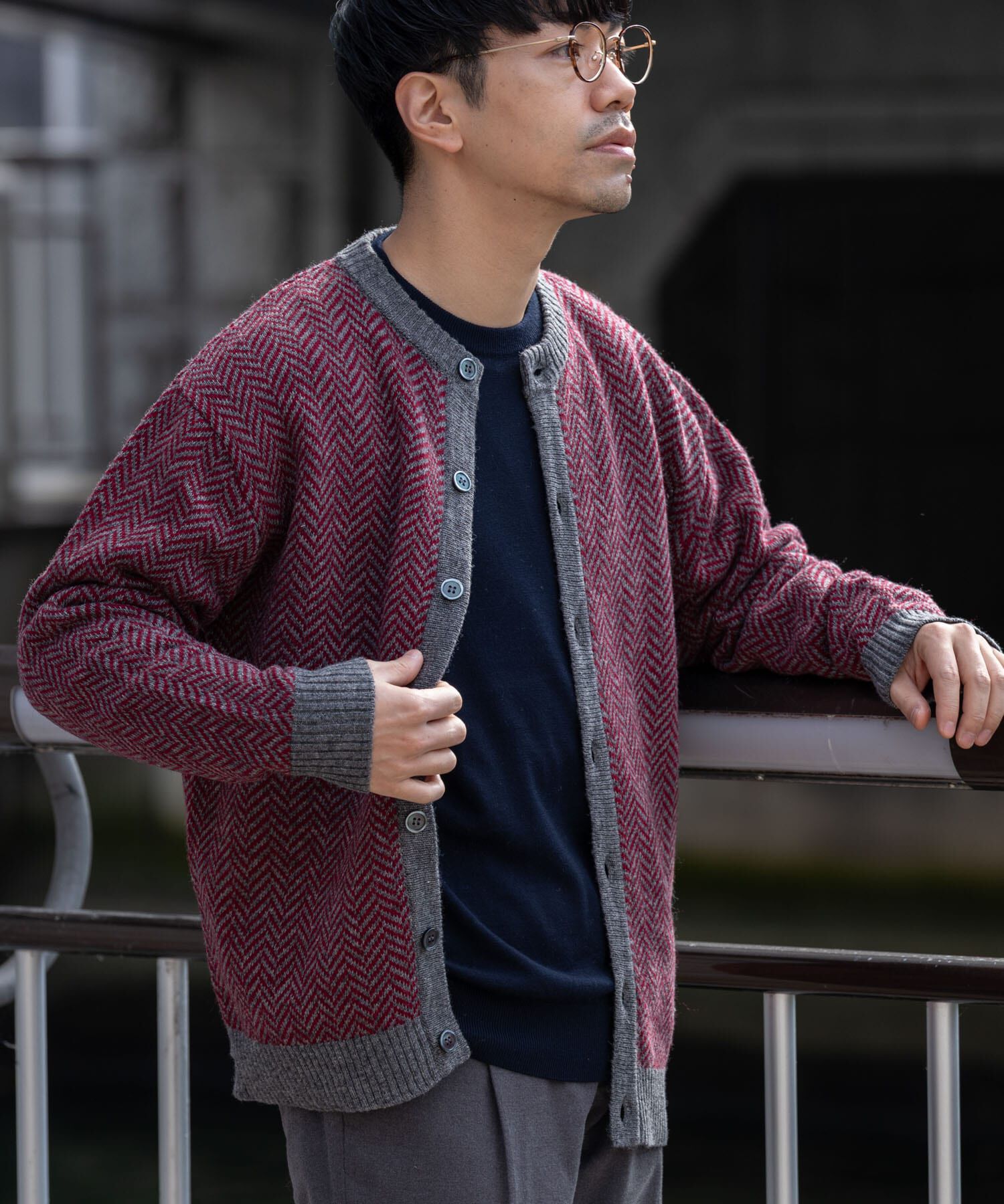 URBAN RESEARCH ROSSO「『XLサイズあり』ヘリンボーン柄クルーニットカーディガン」|カーディガン|