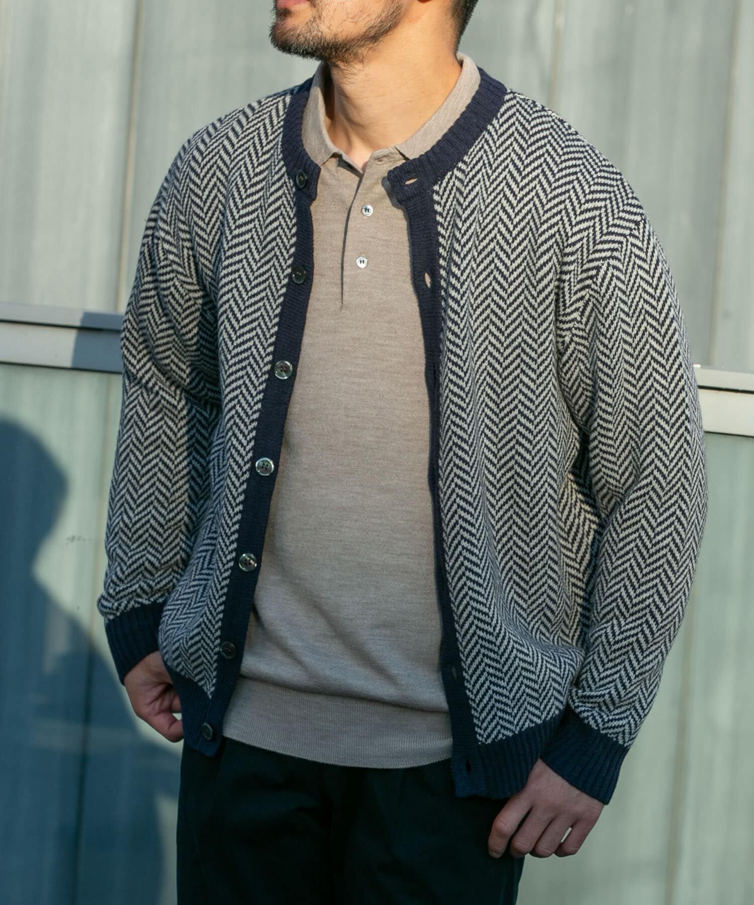 URBAN RESEARCH ROSSO「『XLサイズあり』ヘリンボーン柄クルーニットカーディガン」|カーディガン|ネイビー