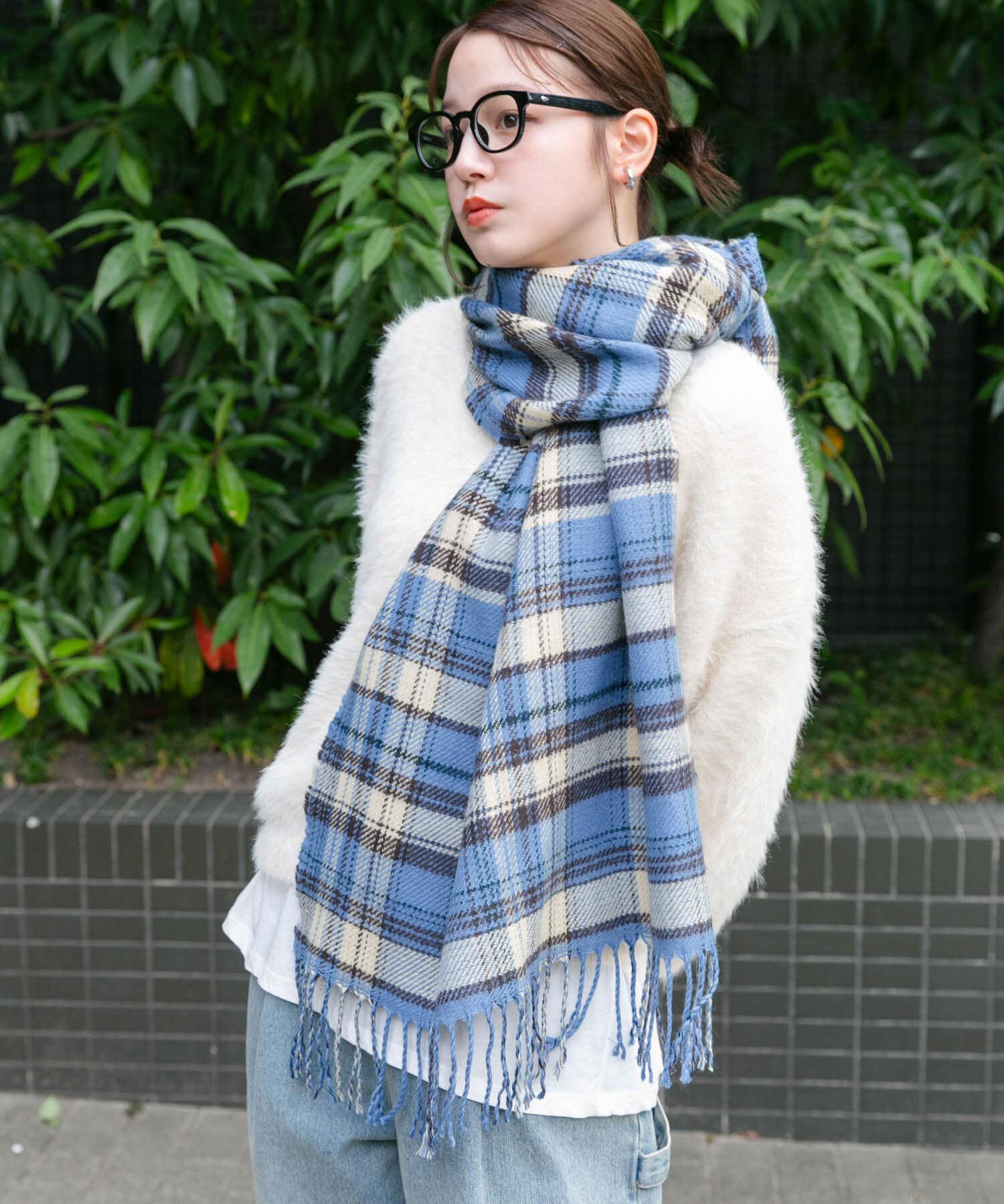  「リバーシブルチェックストール」|マフラー|ブルー系その他