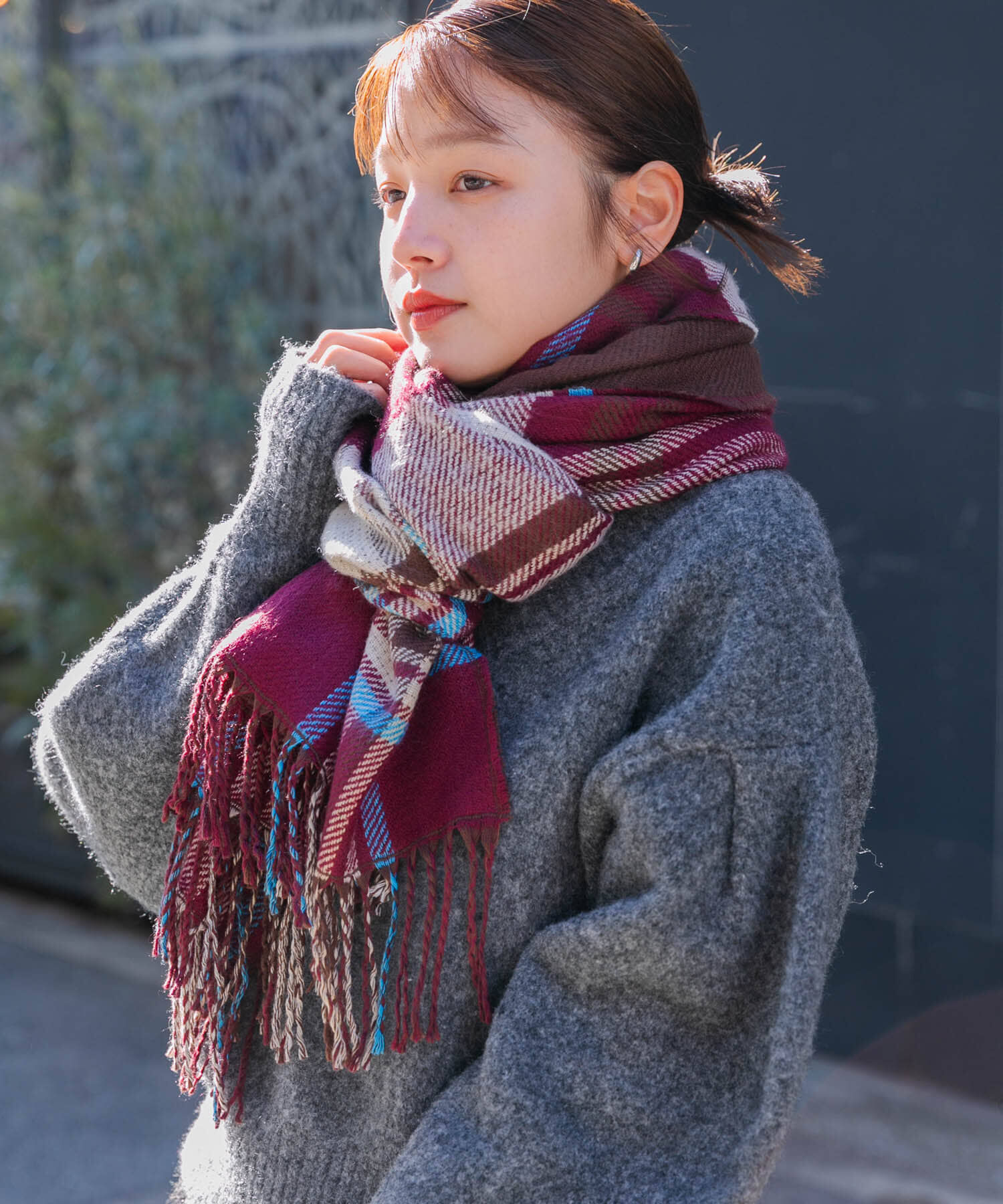  「リバーシブルチェックストール」|マフラー|レッド系その他