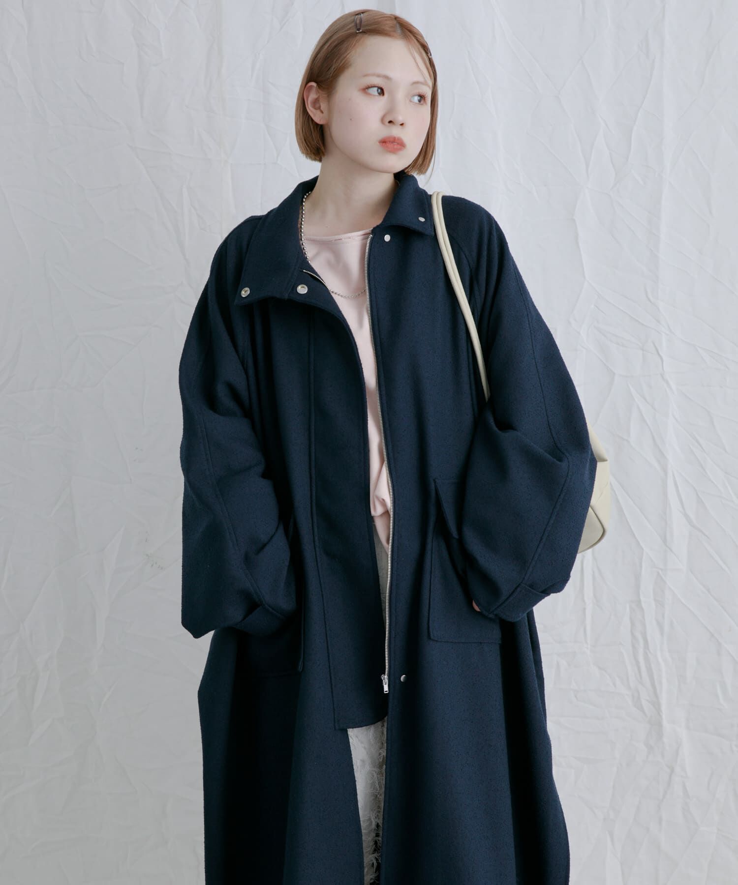  「スタンドカラーブークレコート」|ノーカラーコート|