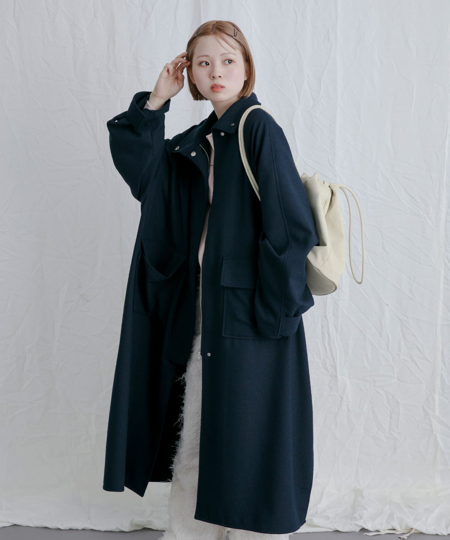  「スタンドカラーブークレコート」|ノーカラーコート|