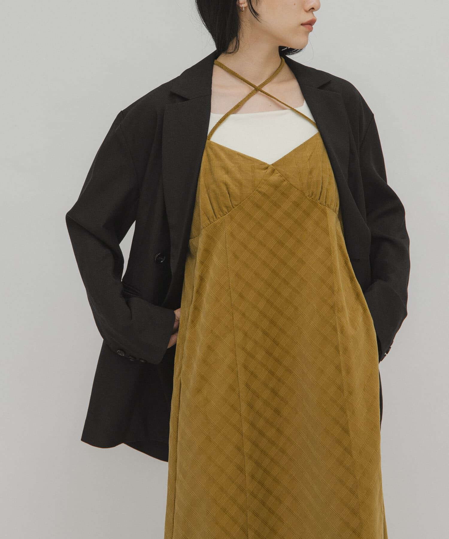  「チェックコーデュロイキャミワンピース」|ワンピース|イエロー系その他