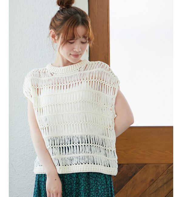  「《手洗い可能》透かし編みデザインニットベスト」|ベスト・ジレ|ホワイト