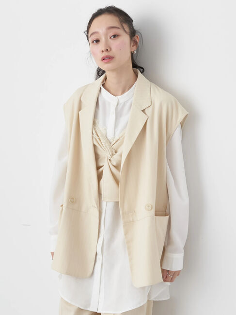 earth music&ecology「ピンストライプ胸元レースビスチェ」|ベスト・ジレ|