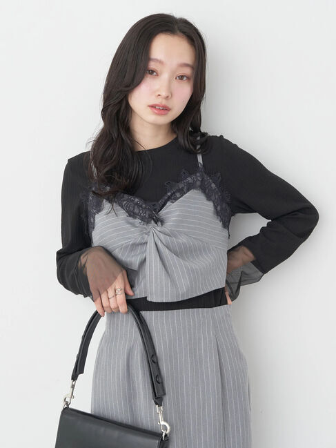 earth music&ecology「ピンストライプ胸元レースビスチェ」|ベスト・ジレ|