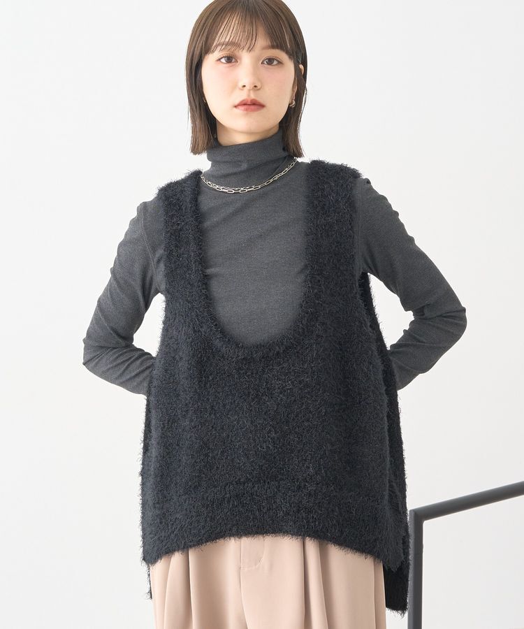 earth music&ecology「フェザーUネックニットベスト」|ベスト・ジレ|Black