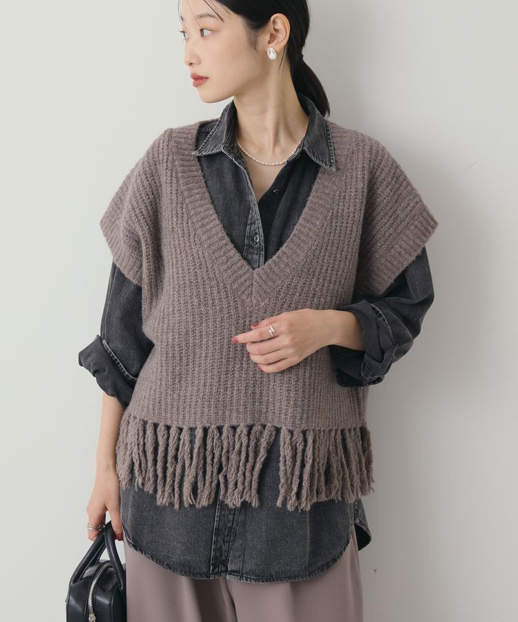 AMERICAN HOLIC「裾フリンジニットショートベスト」|ベスト・ジレ|Gray Beige