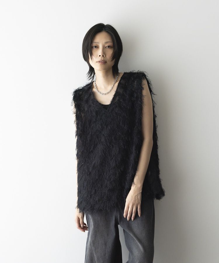 GARAGE OF GOOD CLOTHING「【日本製】フリンジVネックフレアプルオーバー」|ベスト・ジレ|Black