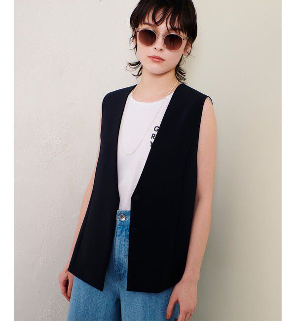 allureville「ダブルクロスドレープジレ」|ベスト・ジレ|ネイビー