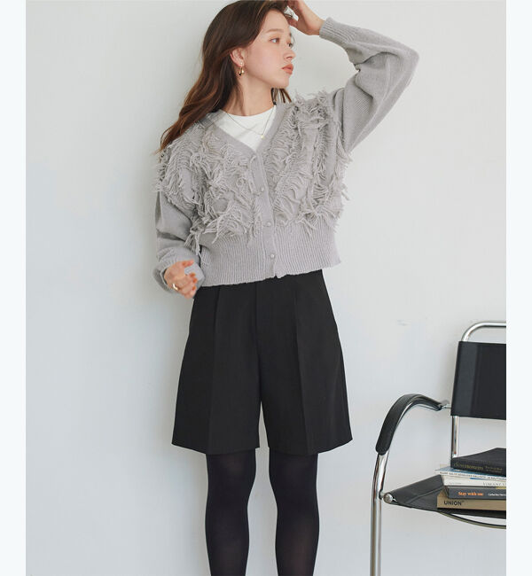 titivate「クロップドフリンジニットカーディガン」|ニット・セーター|グレー