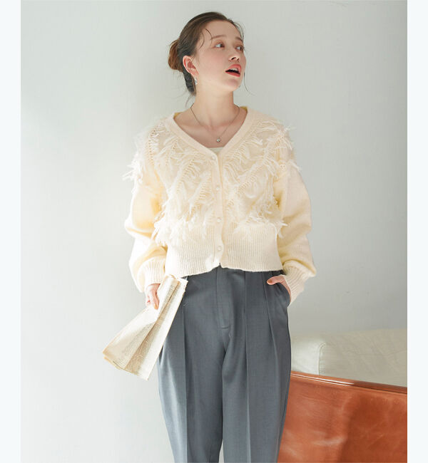 titivate「クロップドフリンジニットカーディガン」|ニット・セーター|オフホワイト