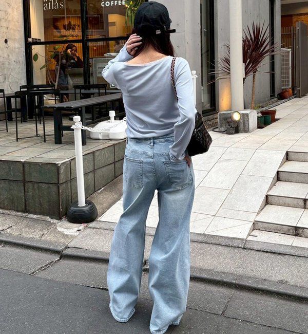  「【ウェスト調整可能】ビジュー付きワイドデニム」|その他|