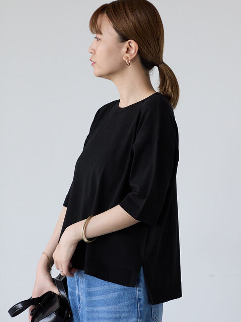 Lugnoncure「【接触冷感】サイドスリットハーフスリーブニット」|ニット・セーター|ブラック