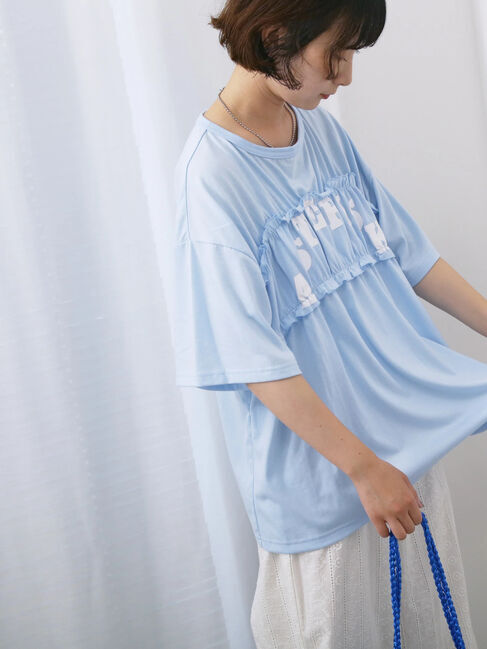 Samansa Mos2 blue「◎【接触冷感】シャーリングドッキングTシャツ」|Tシャツ・カットソー|