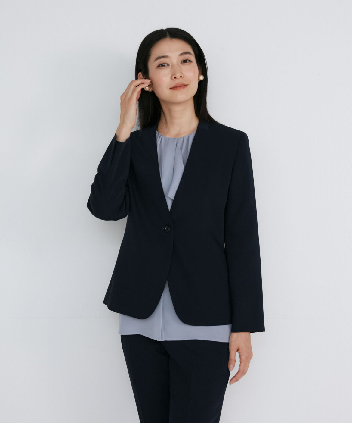 INED「《大きいサイズ》カラーレスジャケット」|ノーカラージャケット|