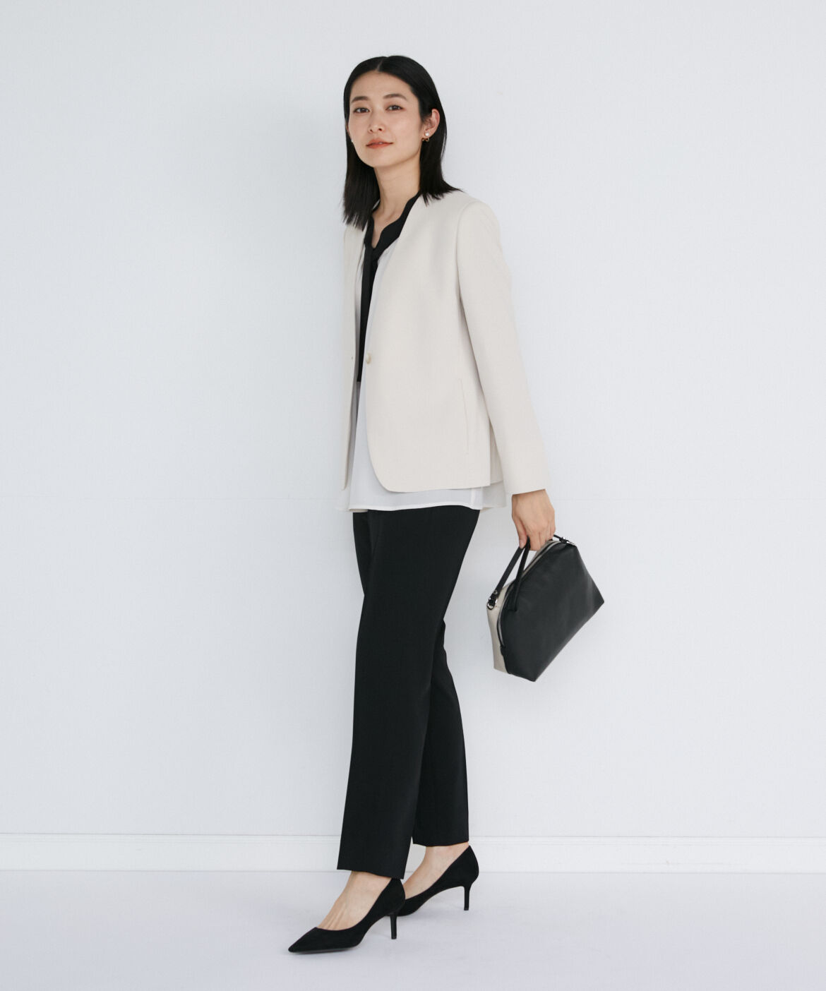 INED「《大きいサイズ》カラーレスジャケット」|ノーカラージャケット|