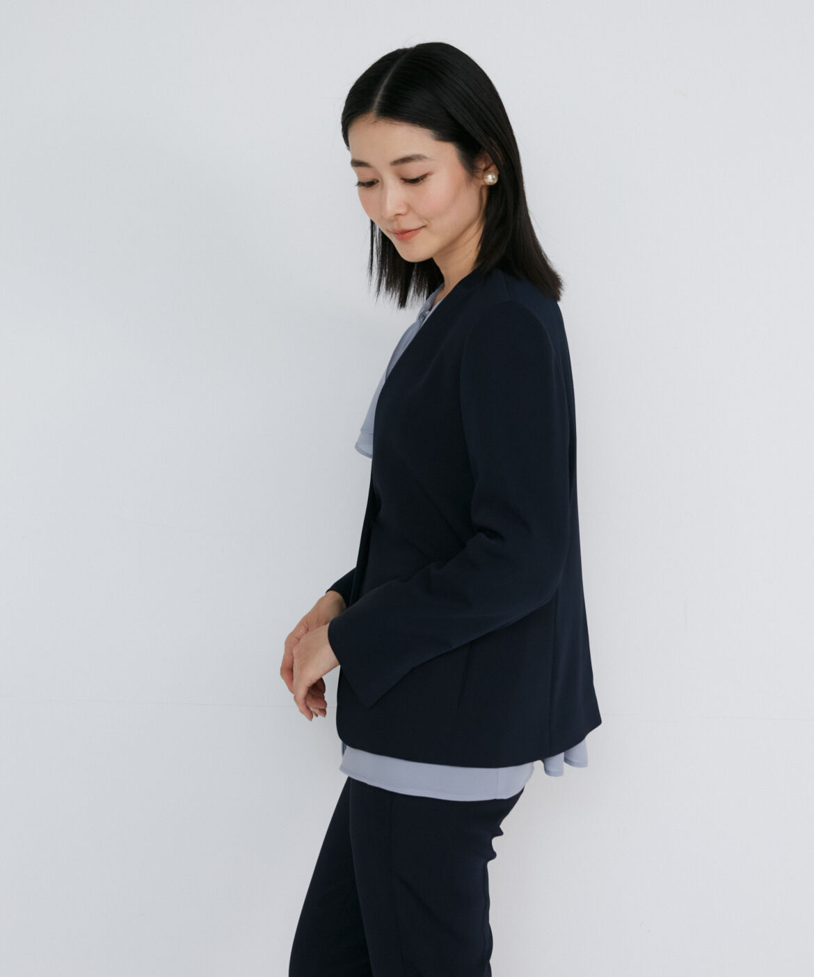 INED「《大きいサイズ》カラーレスジャケット」|ノーカラージャケット|