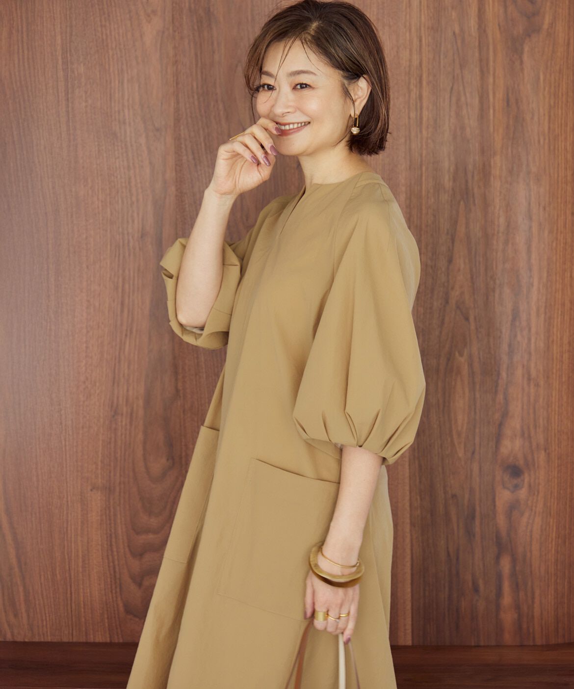 INED「《大きいサイズ》ランタンスリーブワンピース《三尋木奈保コラボ》」|ワンピース|ベージュ2