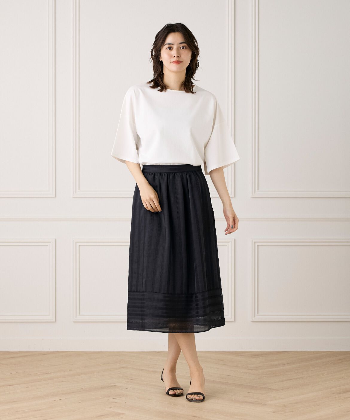 7-IDconcept.「カラミストライプ切り替えギャザースカート」|台形|