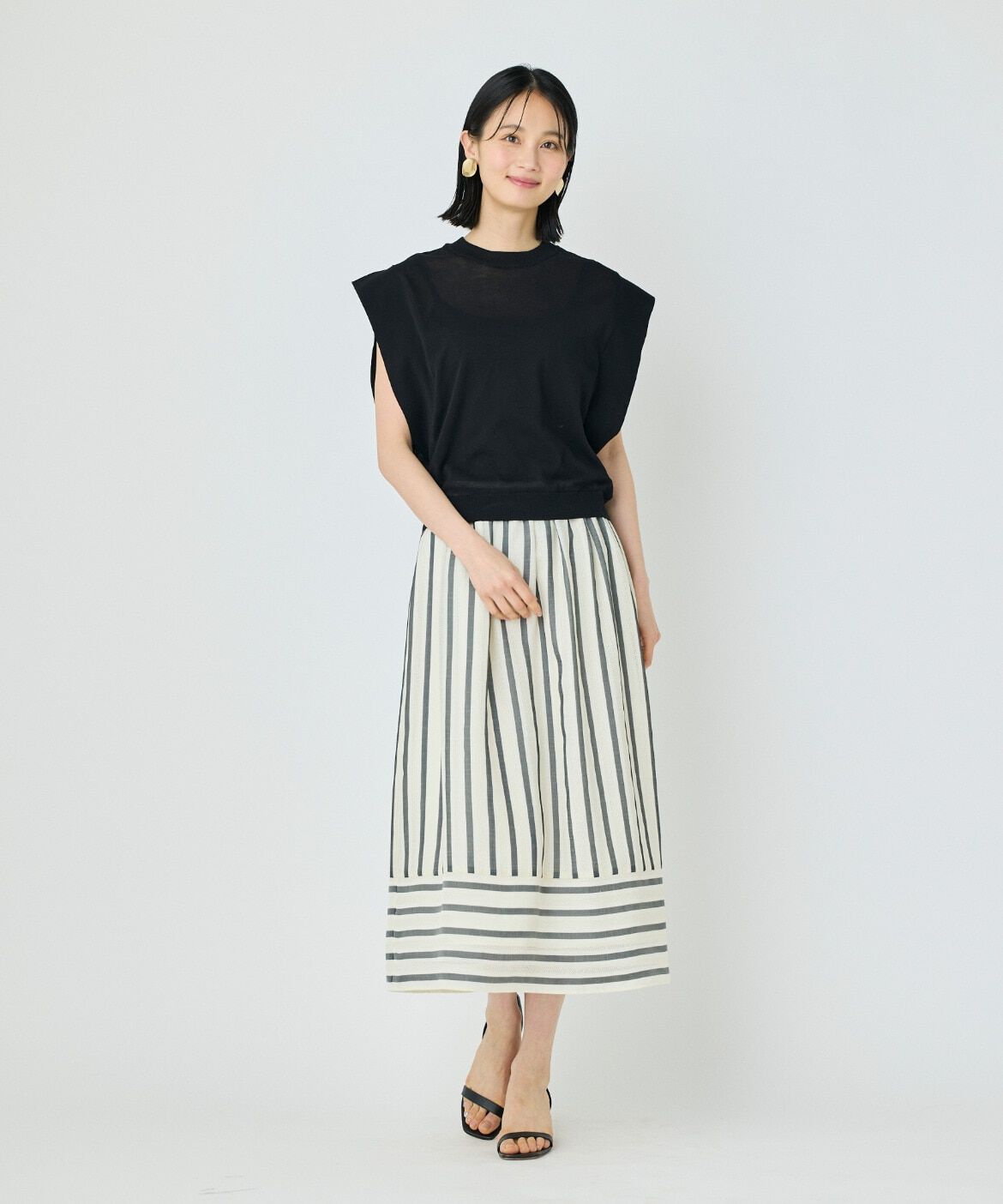 7-IDconcept.「カラミストライプ切り替えギャザースカート」|台形|