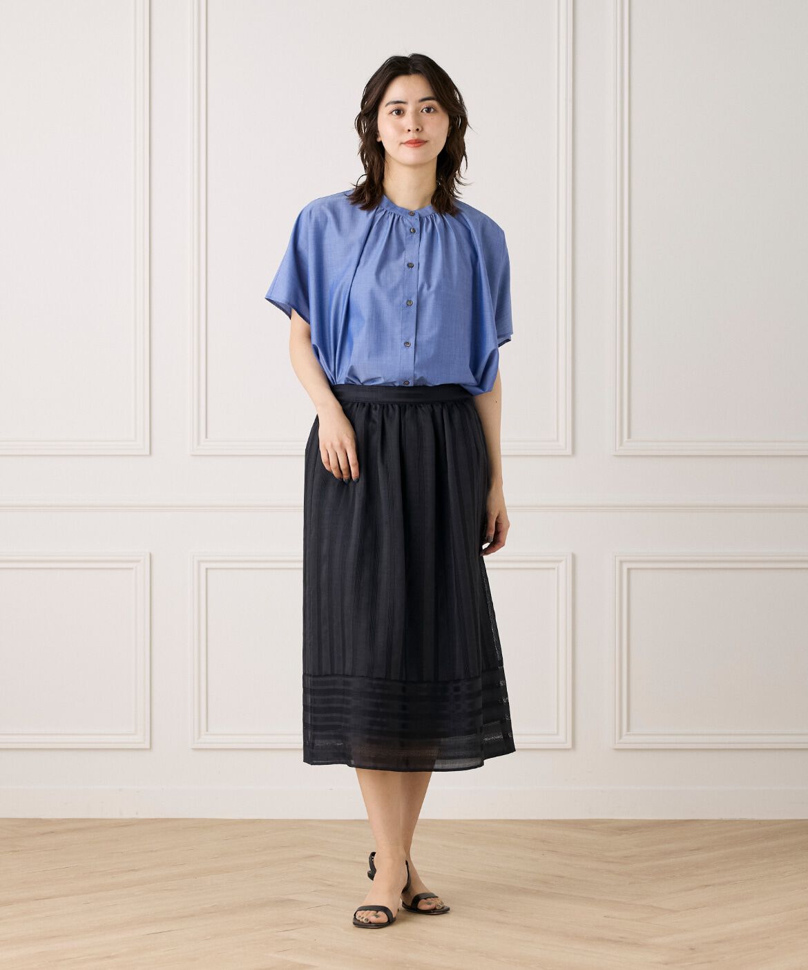 7-IDconcept.「カラミストライプ切り替えギャザースカート」|台形|