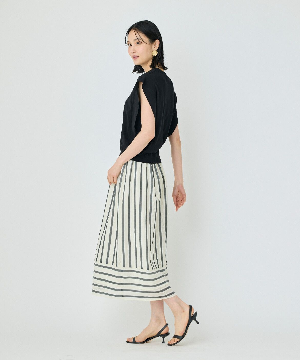 7-IDconcept.「カラミストライプ切り替えギャザースカート」|台形|