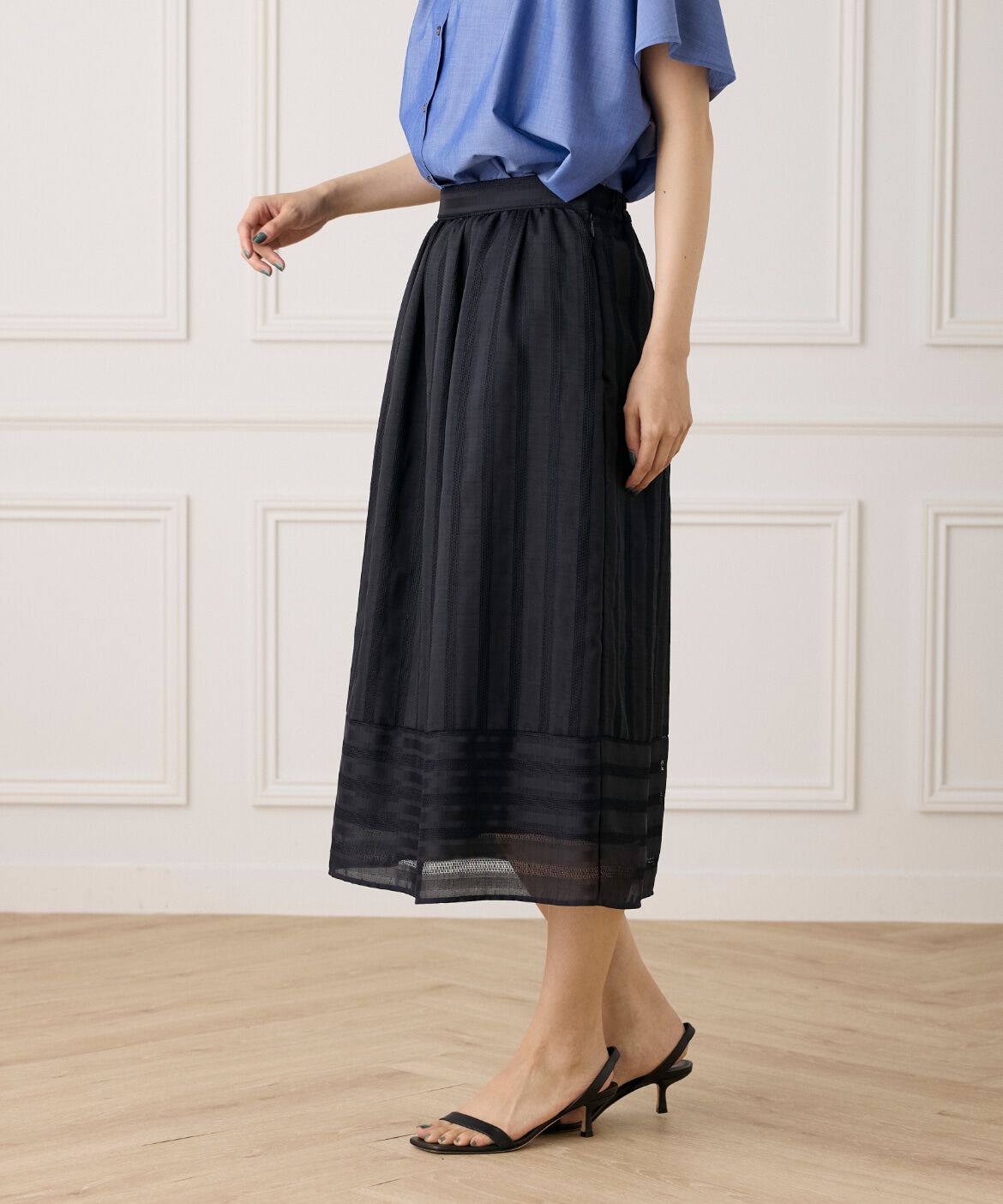 7-IDconcept.「カラミストライプ切り替えギャザースカート」|台形|ネイビー