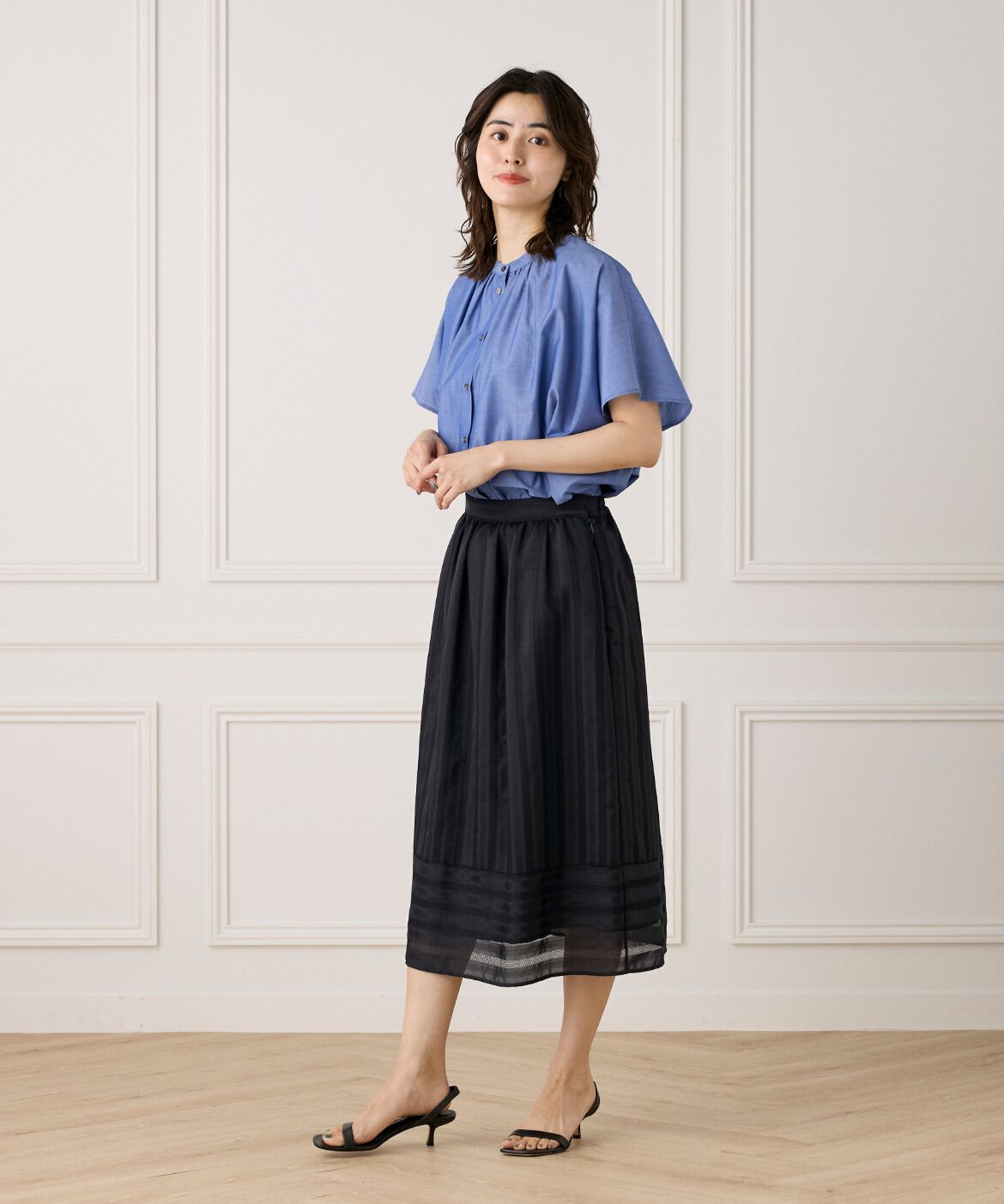 7-IDconcept.「カラミストライプ切り替えギャザースカート」|台形|