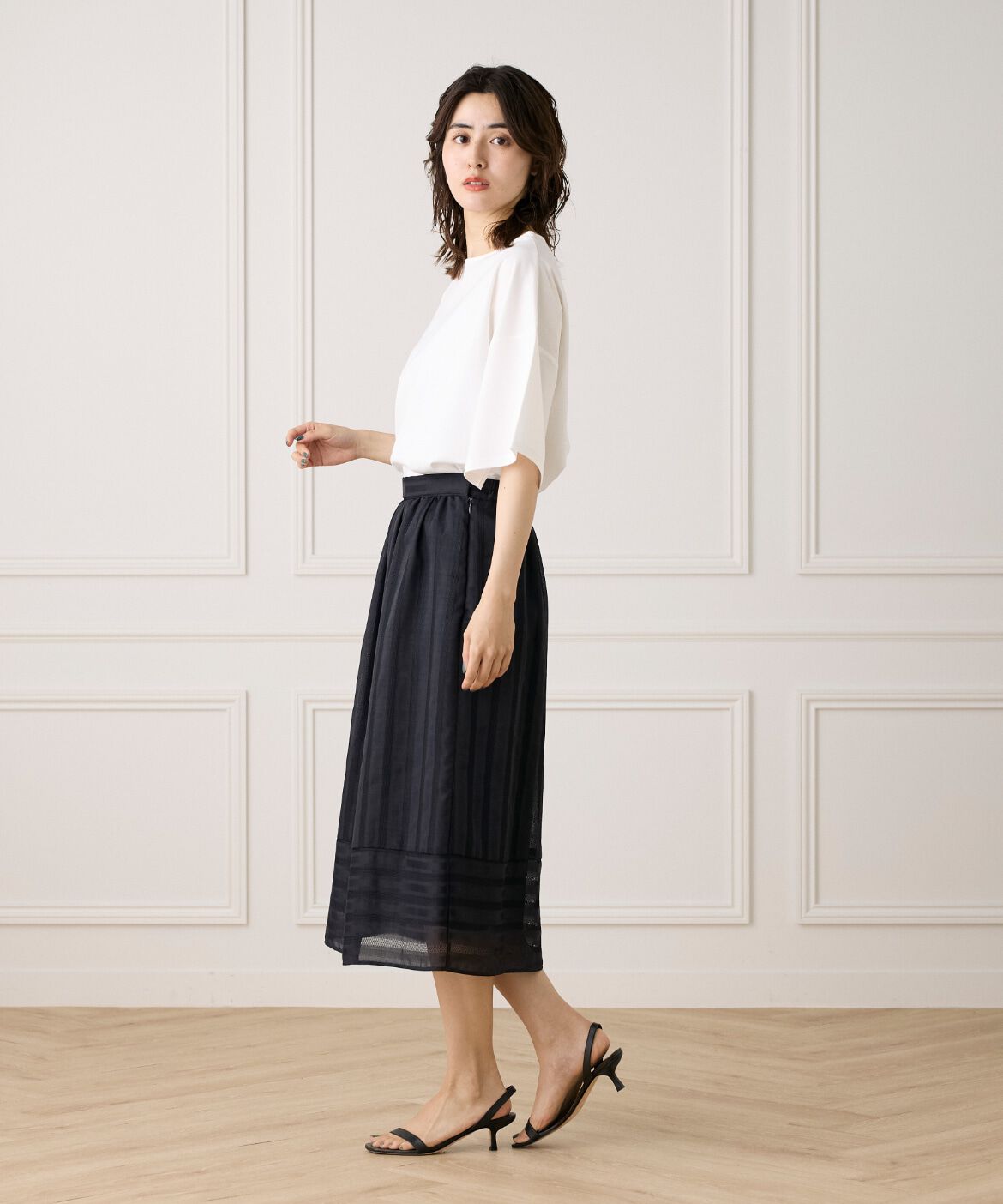 7-IDconcept.「カラミストライプ切り替えギャザースカート」|台形|