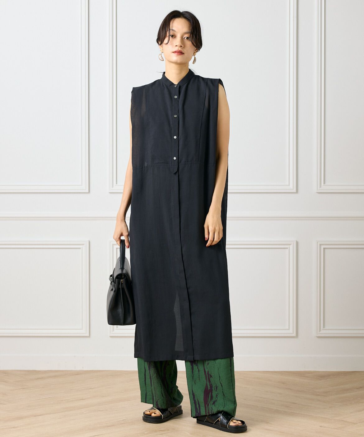 INED「ボザムデザインノースリーブシャツドレス」|ワンピース|ブラック