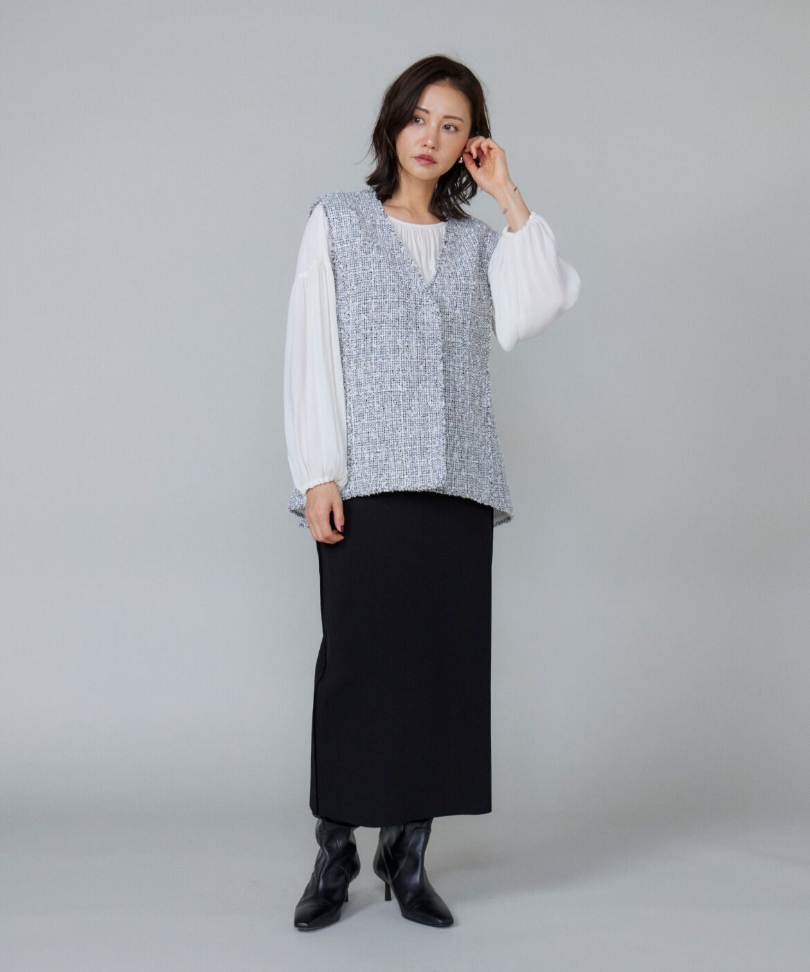 Le Souk「《大きいサイズ》ツイードAラインジレ」|ダウンベスト・ベスト|