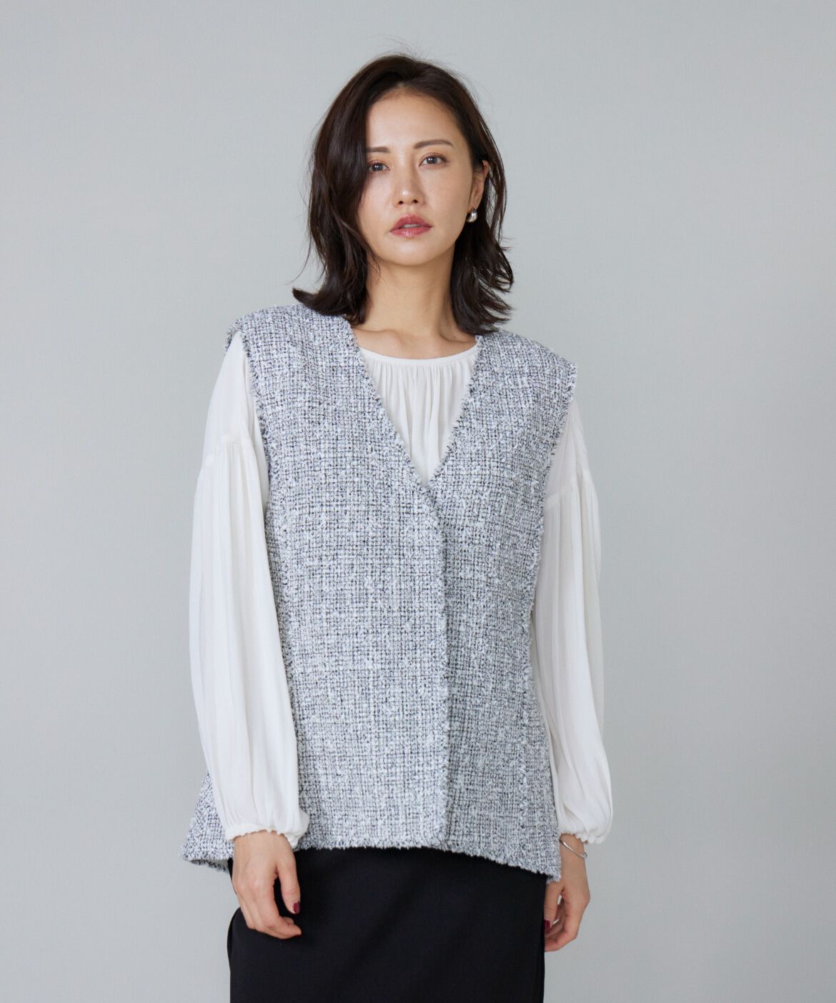 Le Souk「《大きいサイズ》ツイードAラインジレ」|ダウンベスト・ベスト|