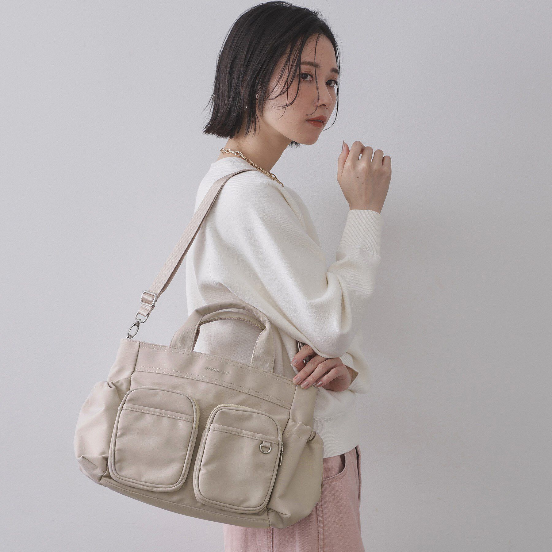 OPAQUE.CLIP「フロントWポケット3層デザインミドルトートバッグ【2WAY／マルチポケット】」|トートバッグ|