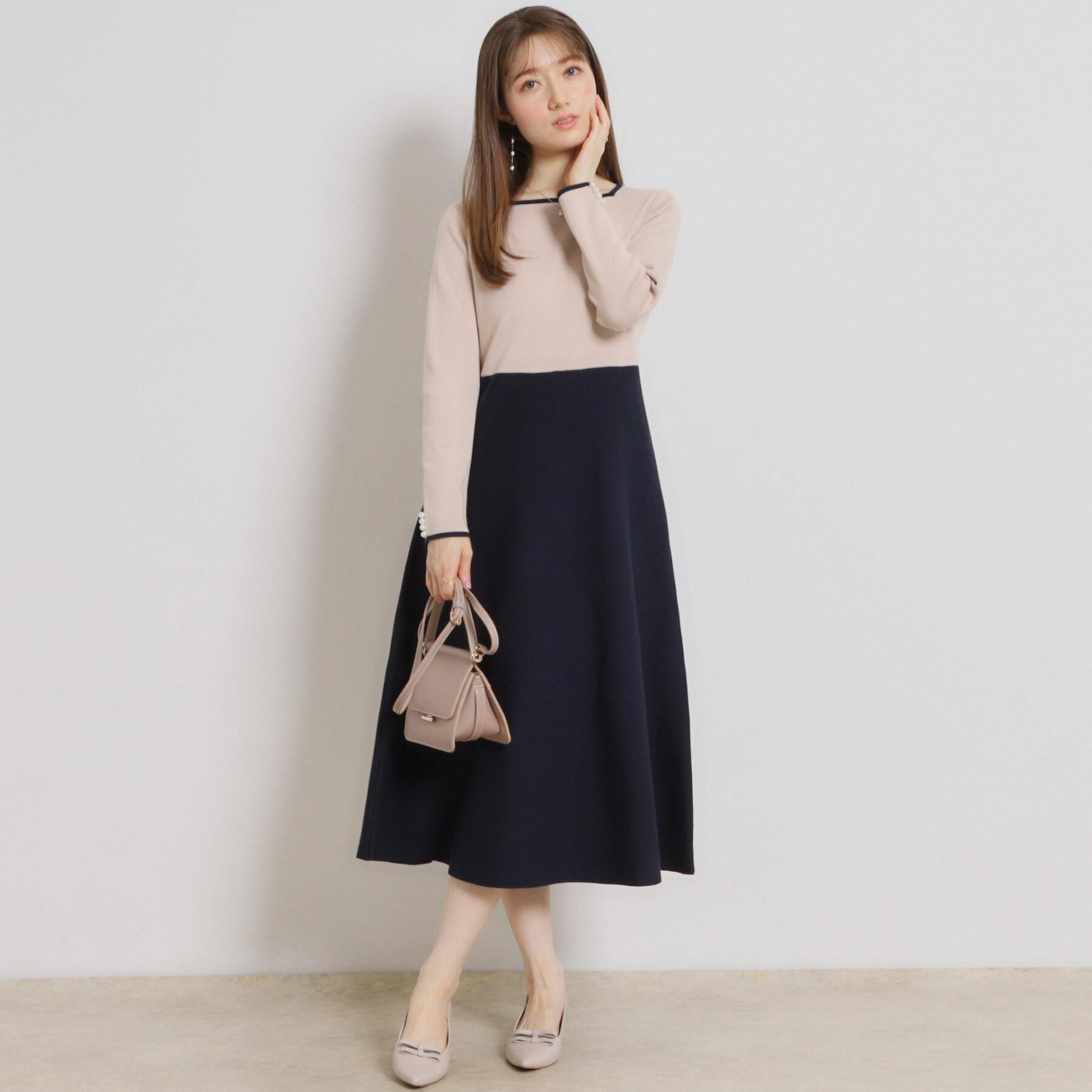 Couture broach「【ハレの日・通勤】スクエアネック バイカラー ニットワンピース」|ワンピース|