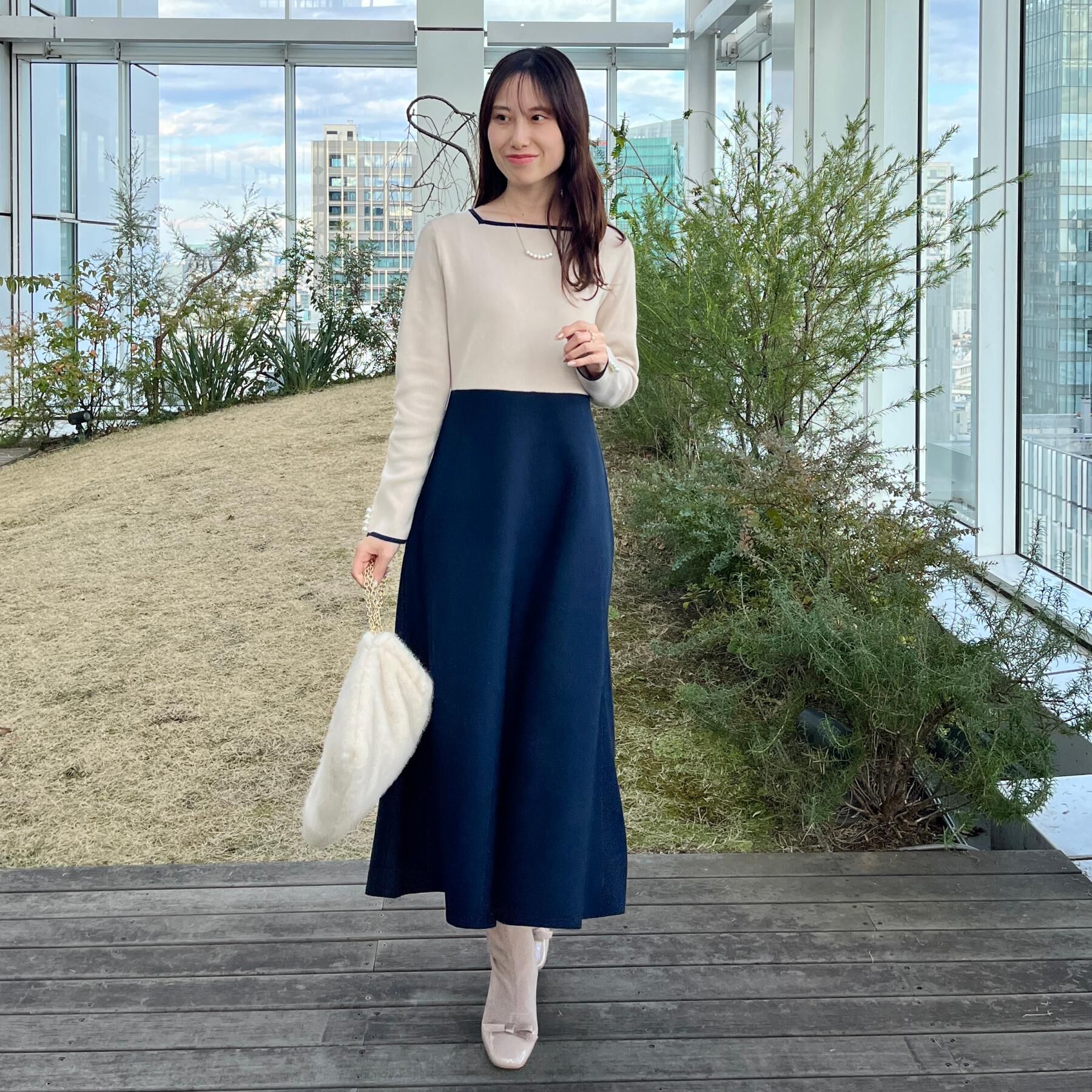 Couture broach「【ハレの日・通勤】スクエアネック バイカラー ニットワンピース」|ワンピース|