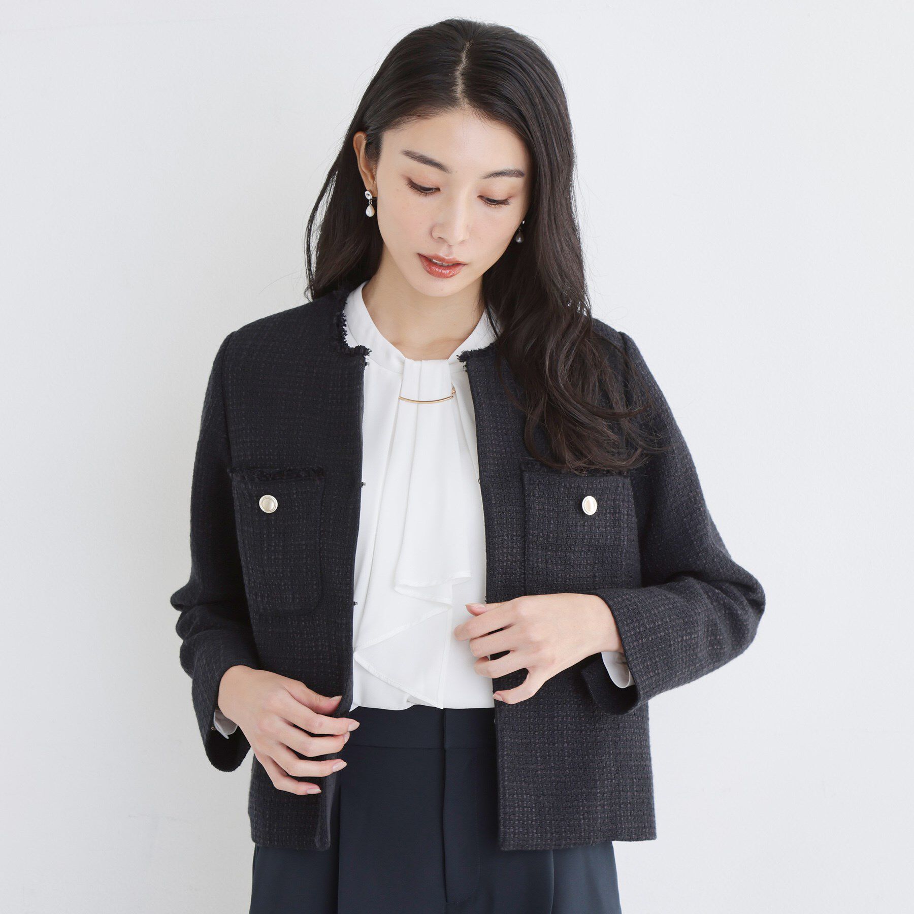 THE SHOP TK「【通勤・セレモニー】ツイードノーカラージャケット」|ノーカラージャケット|