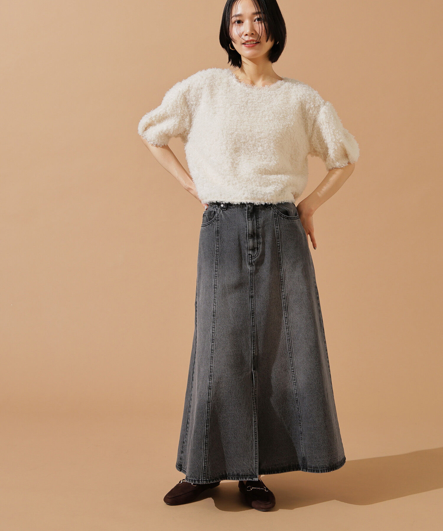  「パネル切替デニムフレアスカート」|スカート|