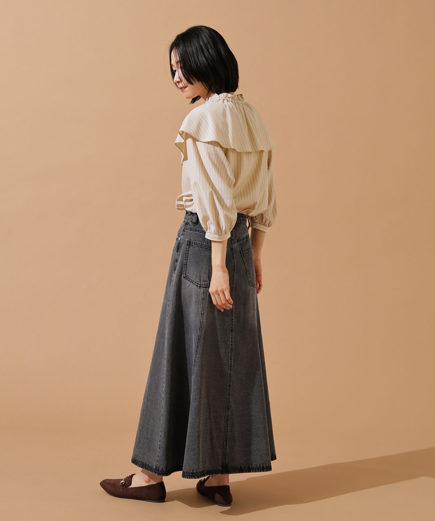  「パネル切替デニムフレアスカート」|スカート|