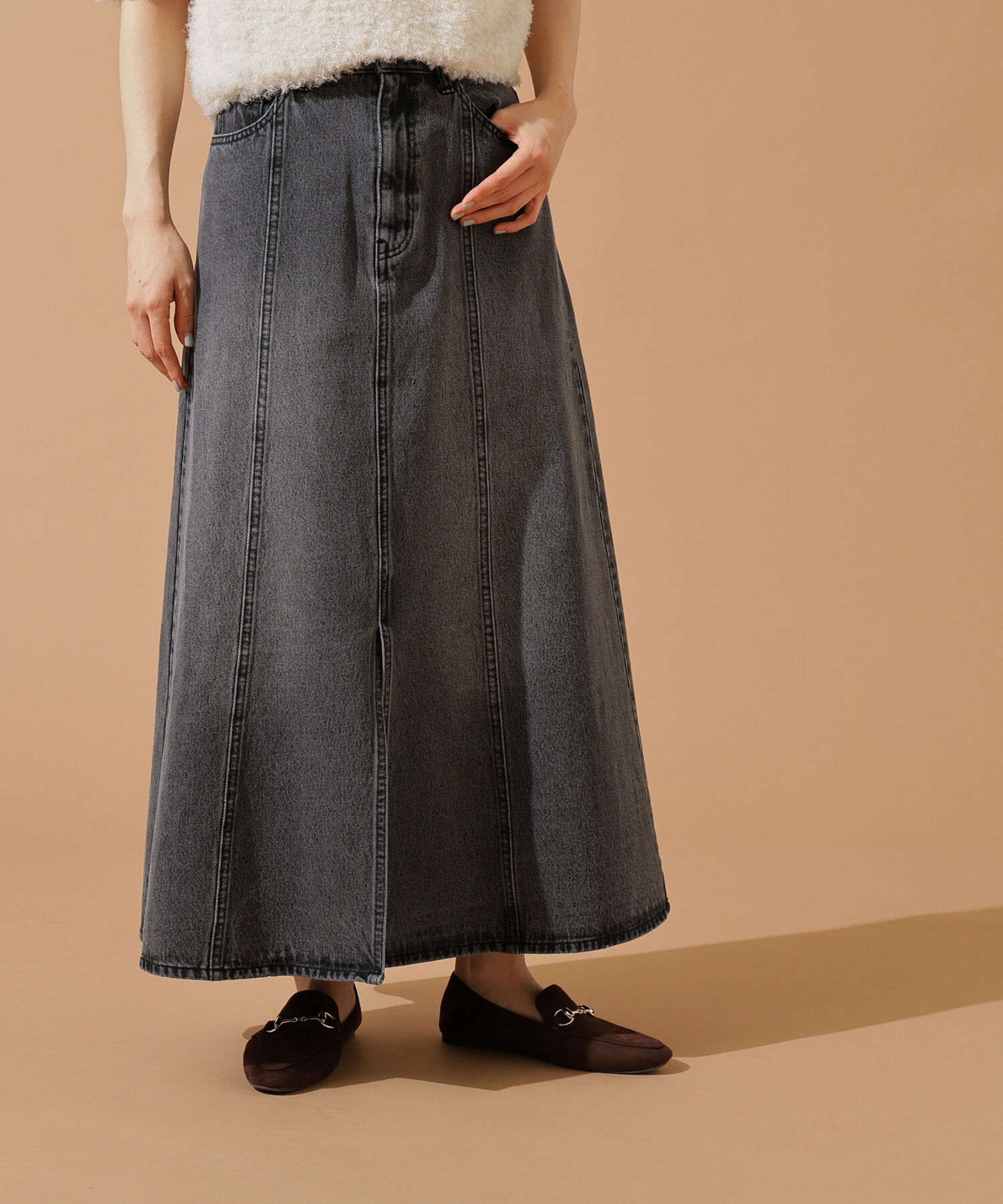  「パネル切替デニムフレアスカート」|スカート|