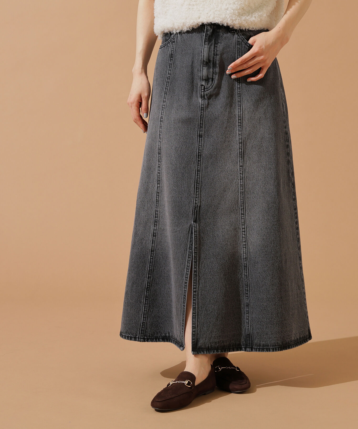  「パネル切替デニムフレアスカート」|スカート|