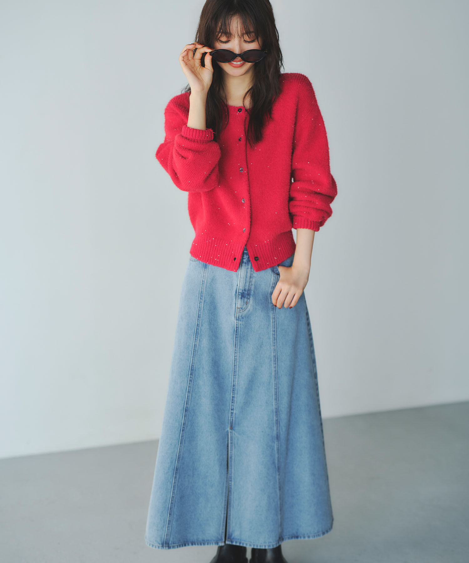  「パネル切替デニムフレアスカート」|スカート|ブルー