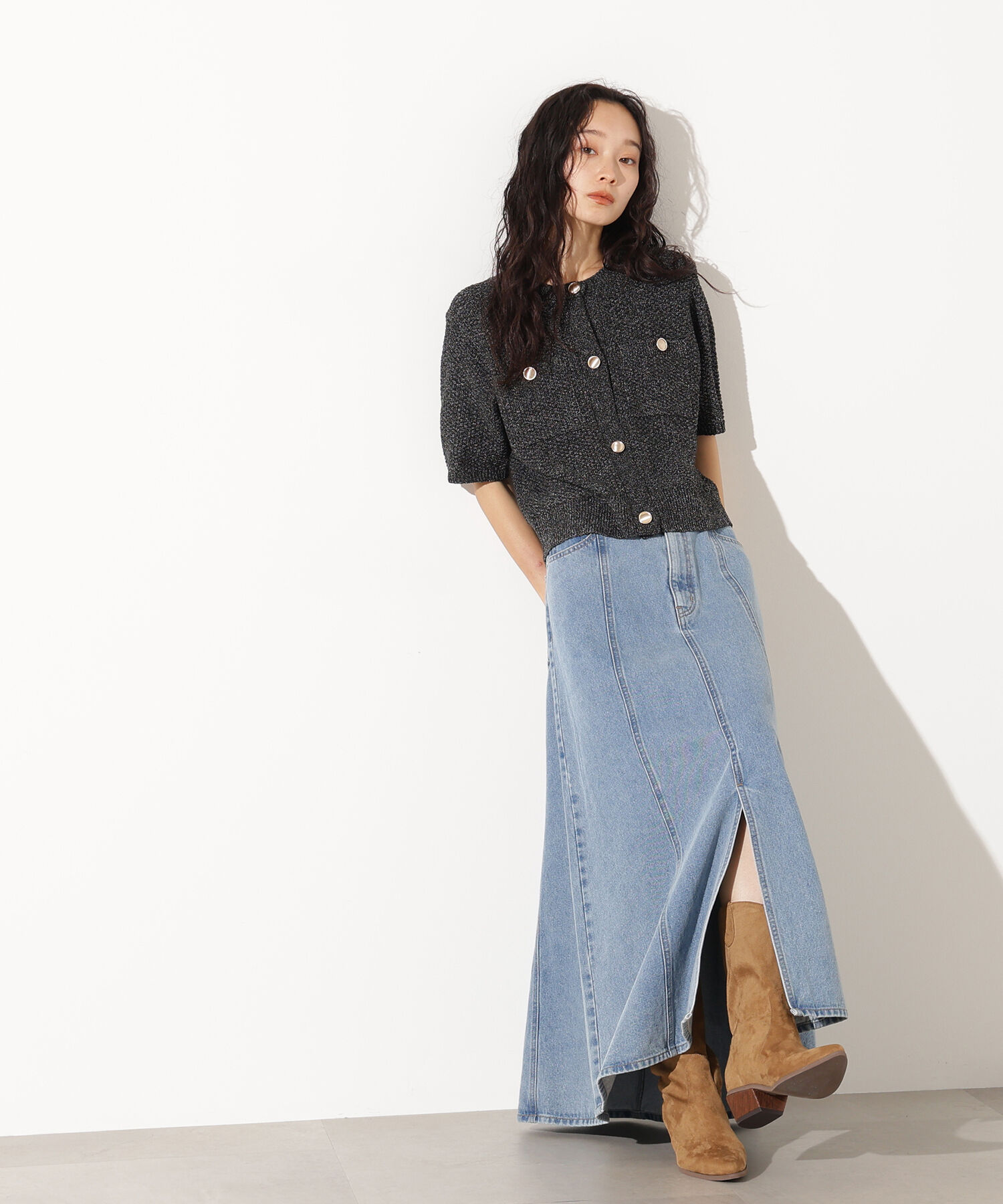  「パネル切替デニムフレアスカート」|スカート|