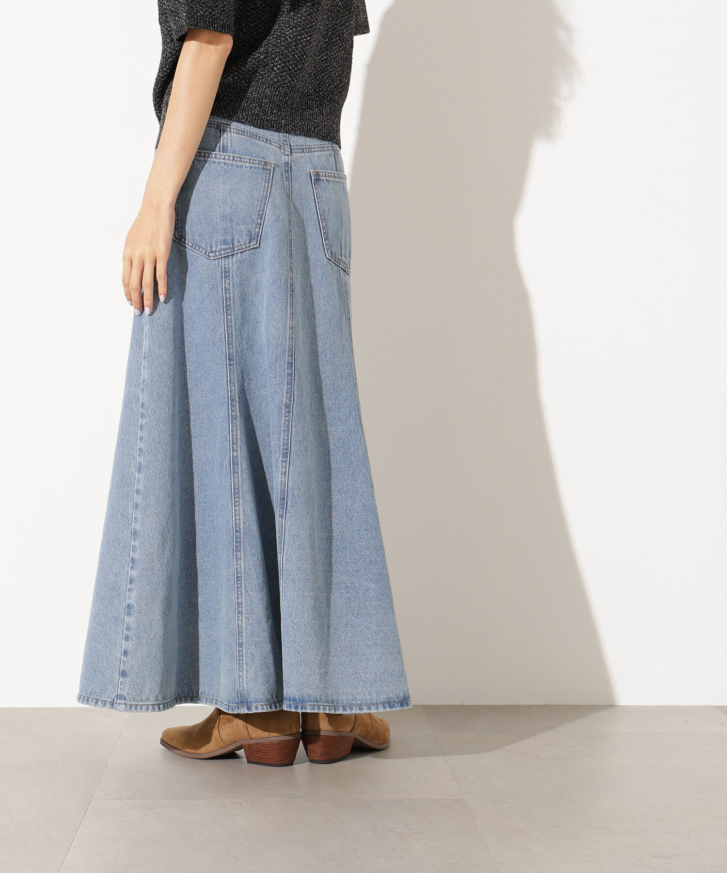  「パネル切替デニムフレアスカート」|スカート|